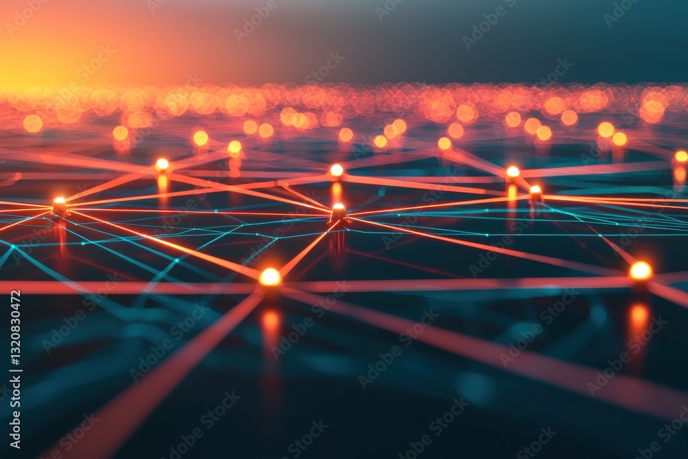 Poster abstract technology background showing interconnected nodes with glowing orange lights and blue line