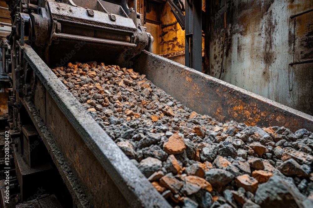 Poster a busy conveyor belt transporting many rocks
