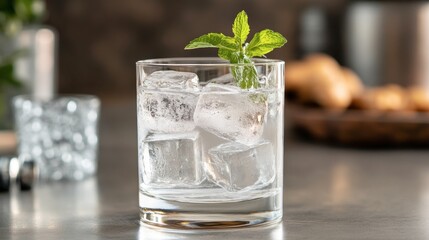 A sleek, modern clear glass filled with a refreshing beverage, complete with shimmering ice cubes and a subtle mint garnish for a cool feel.