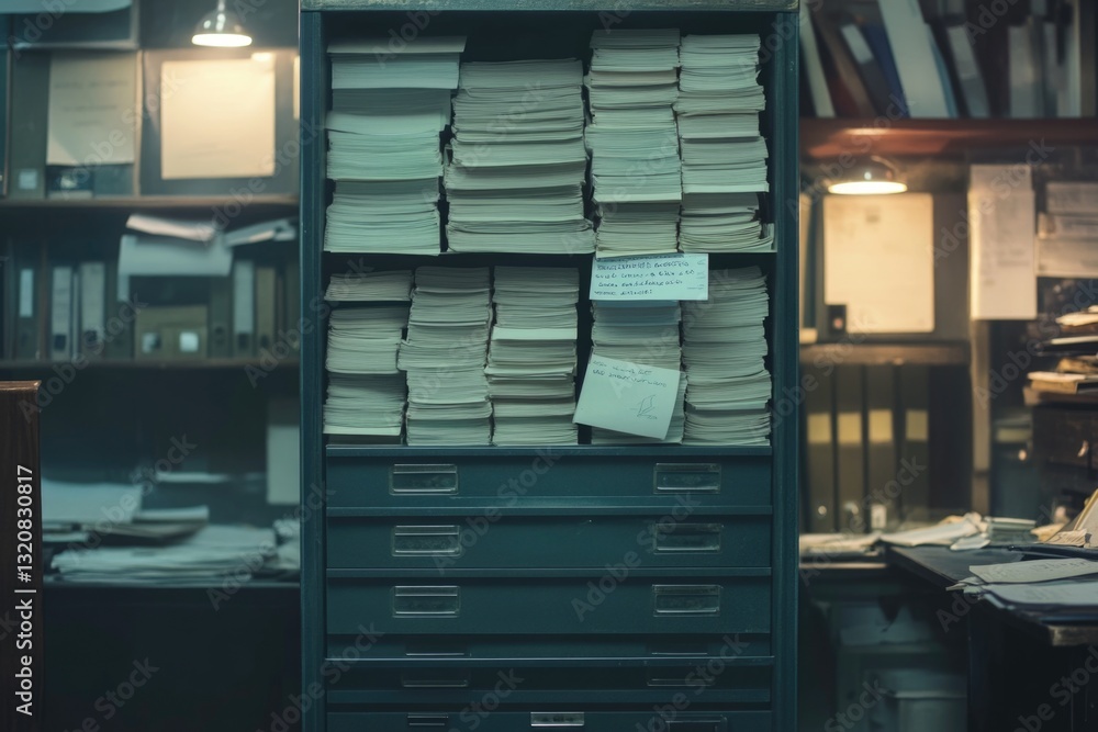 Poster a filing cabinet filled with numerous papers and documents
