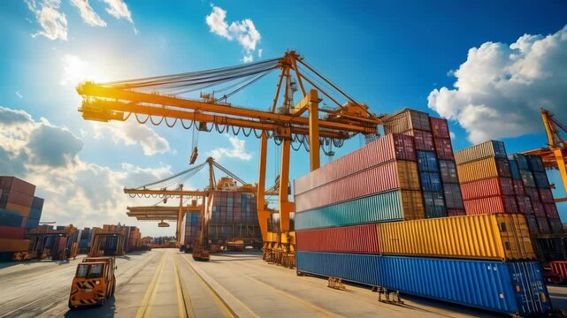 A bustling port scene, with cargo containers being loaded or unloaded by big cranes. Dynamic industrial concept.