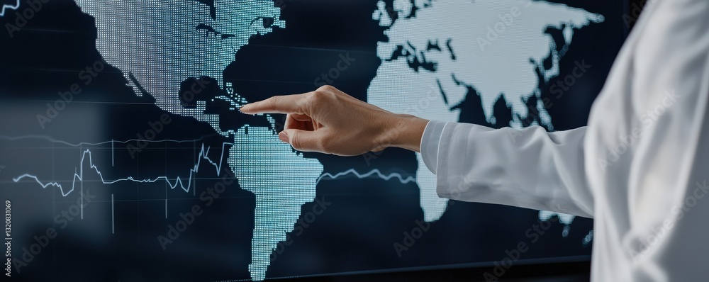 Poster impact global growth commerce concept. hand pointing at a digital world map on a screen in a modern 