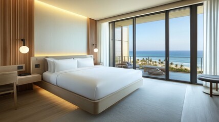 Chic modern hotel room featuring a king-sized bed and minimalist furniture for a serene getaway.