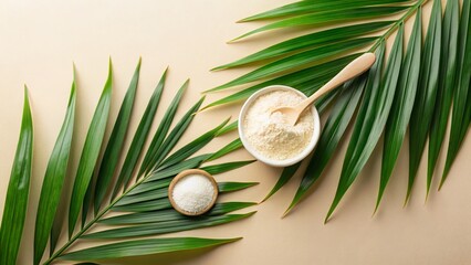 Collagen Powder, Palm Leaves, Beige Background - Top View Stock Photo