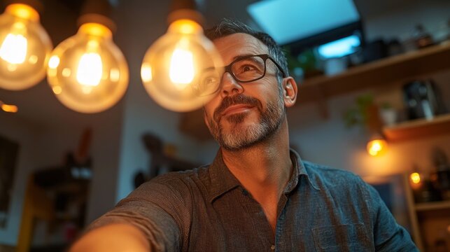A middle-aged man works on installing bright modern lighting in his kitchen. His face shows determination and satisfaction as he enhances the space, enjoying the project