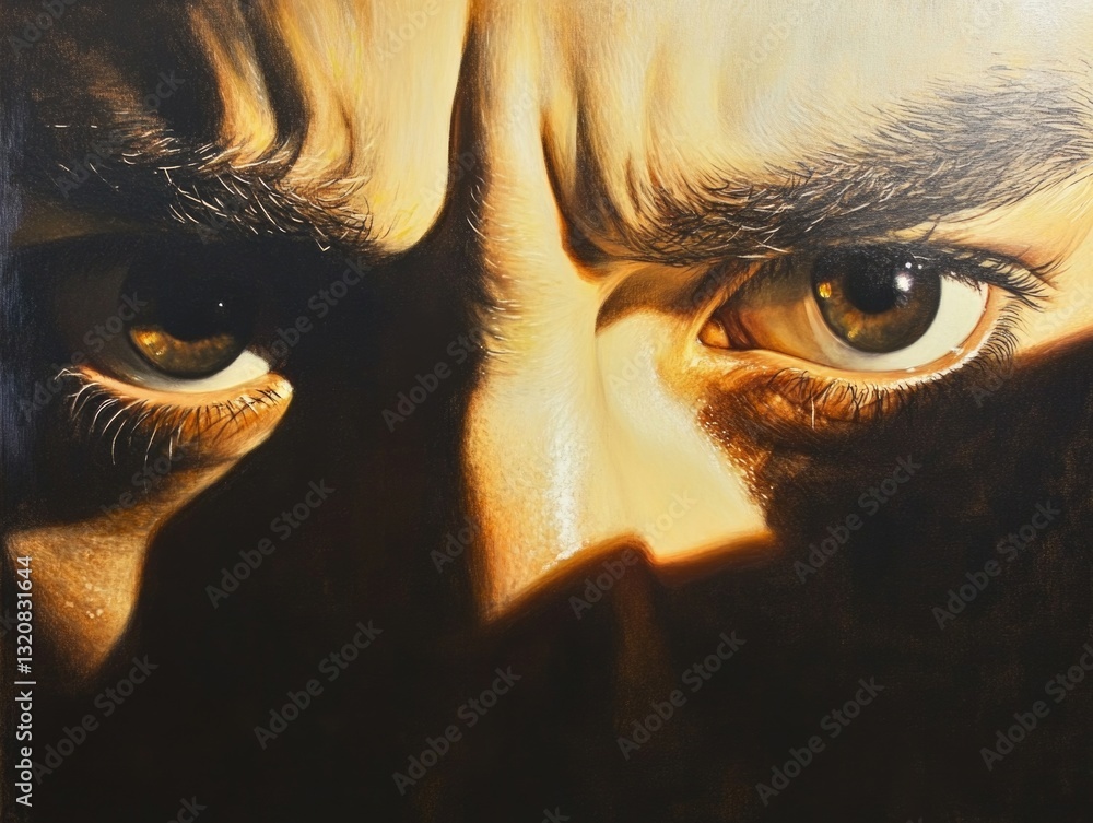 Poster A detailed view of a painted portrait showing a man's facial features, ideal for use in editorial or commercial contexts