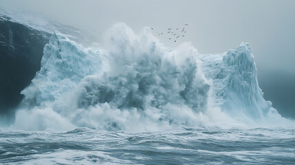Fototapeta premium A massive calving glacier crashing into the ocean in Greenland, sending up sprays of water and ice, with seabirds circling above the dramatic Arctic scene.