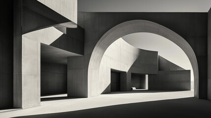 Black and white photograph of an empty room with a large archway in the center. the archway is made of concrete and is supported by two columns on either side.