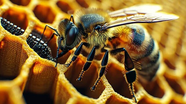 Close-up of a bee pollinating honeycomb in a vibrant hive setting