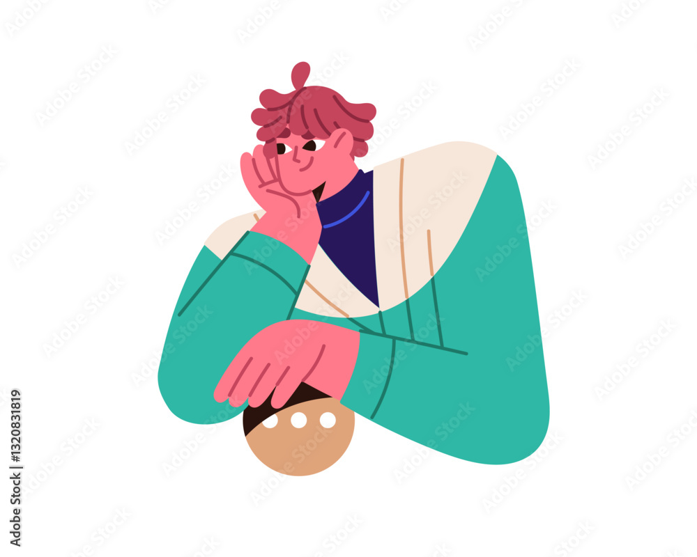 Poster portrait of ux ui designer with circle shape button more with three dots. happy person waiting, lean