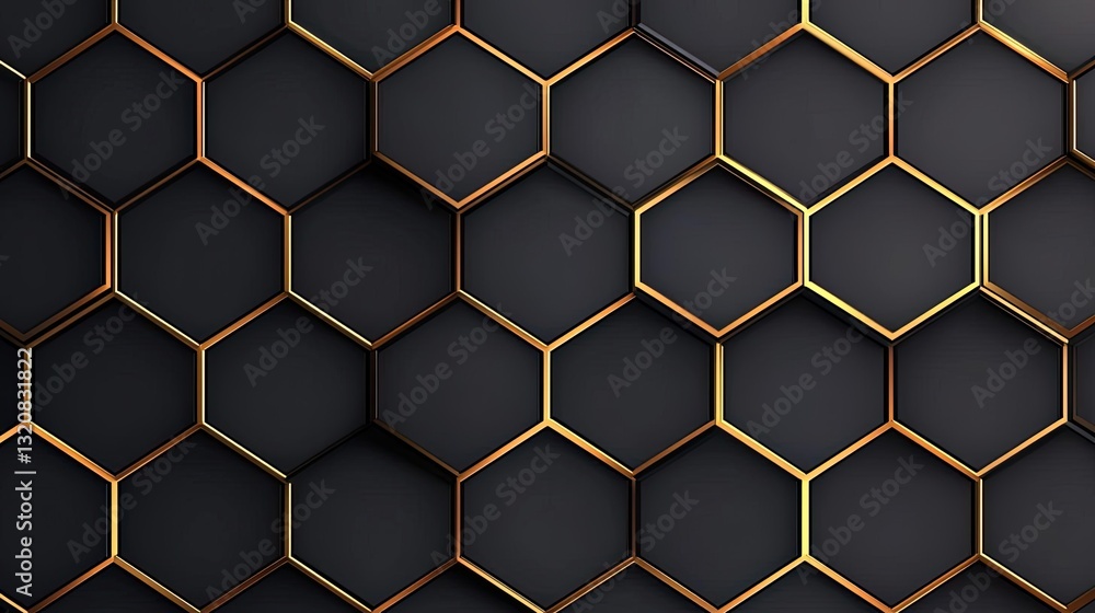Poster Geometric shapes illustration abstract background idea. Stylish hexagonal pattern with gold accents on a dark background.