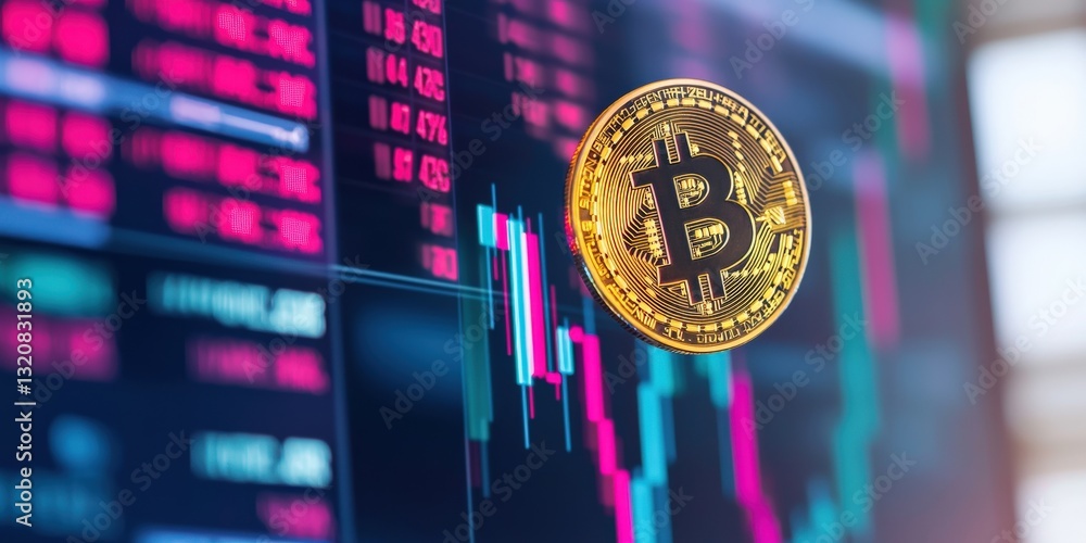Poster impact global growth commerce concept. bitcoin graphic against a digital trading backdrop with chart