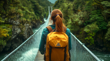Female Hiker Crossing a Suspension Bridge in Nature