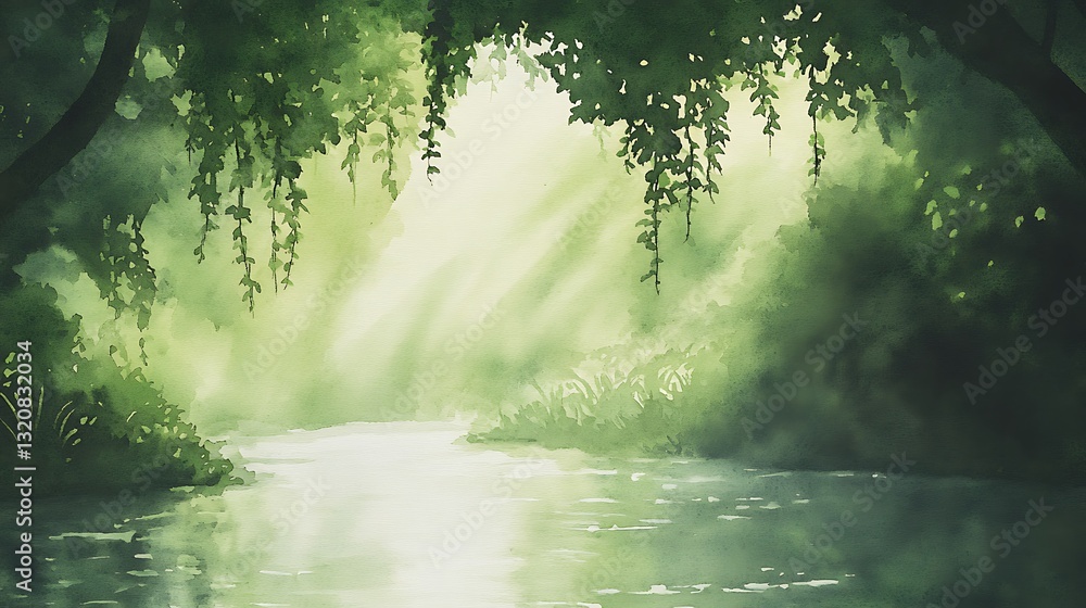 Poster a tranquil river scene surrounded by lush greenery and soft light.
