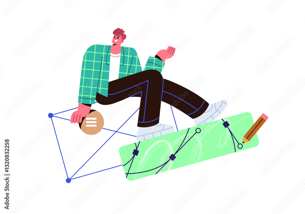 Poster web designer creates user interface. creative worker, digital artist drawing lines, ux ui elements f