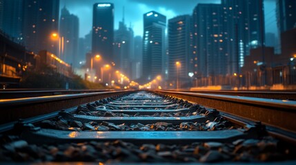 Fototapeta premium Tracks stretch into the distance toward towering skyscrapers as twilight casts a blue hue over the scene. The urban atmosphere buzzes with life and adventure, enticing exploration
