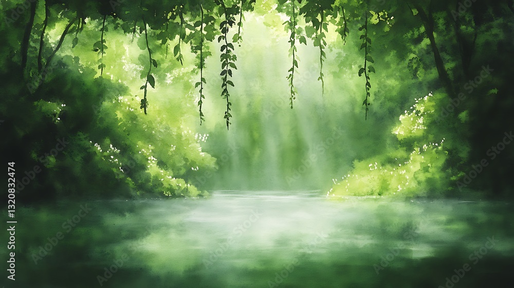 Poster lush green landscape with misty water and soft light filtering through trees.
