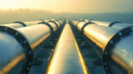 Industrial metal pipelines extending towards the horizon during early morning sunlight with fog in the background