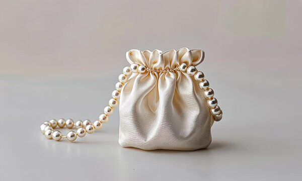 Elegant white satin handbag with pearl accents and drawstring closure