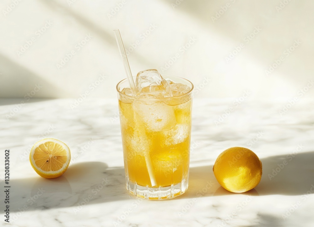 Poster refreshing lemonade with ice cubes and straw on marble surface