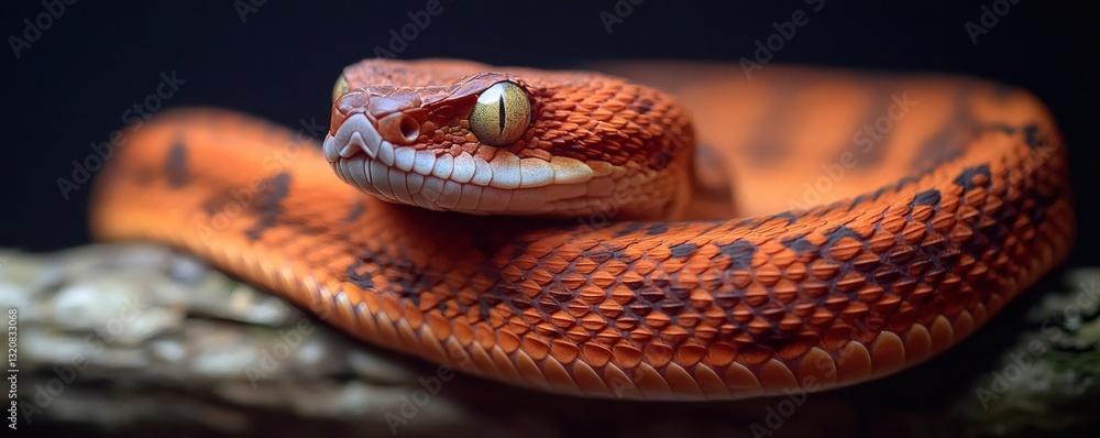 Poster a close up image showing a vibrant orange snake on a branch