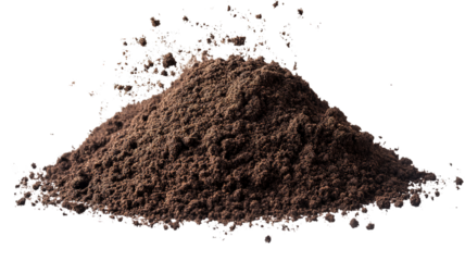A pile of fresh soil with humus particles falling, isolated on a transparent background, creating a natural gardening or farming scene.