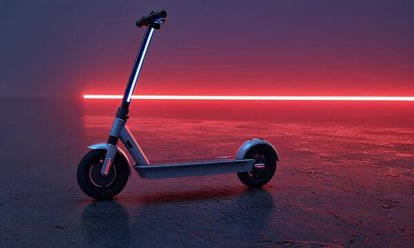 Electric scooter, neon light background, futuristic studio shot, transportation technology