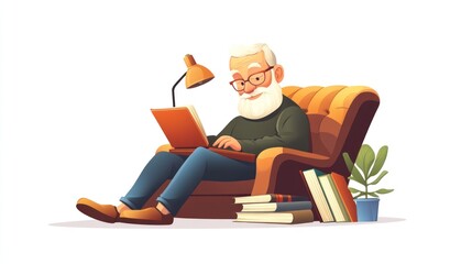 Elderly man working on laptop in armchair