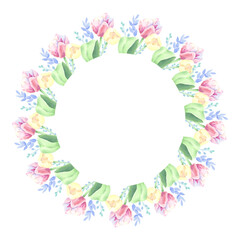 Tulip pink. Floral arrangement. Frame.Wreath. Watercolor