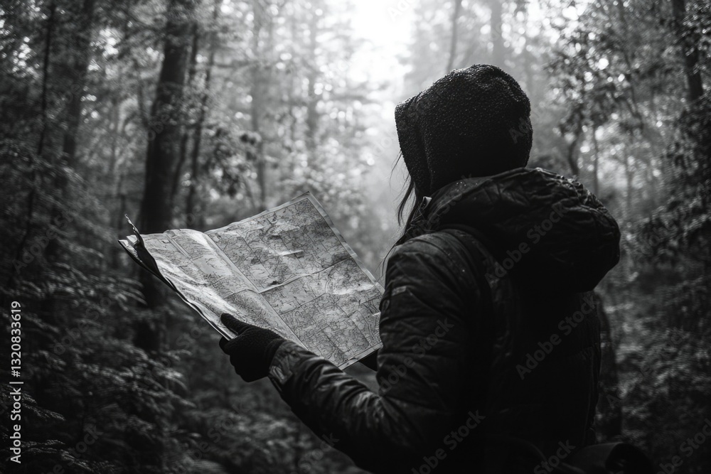 Poster A person holds a map while navigating through a dense forest