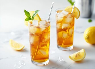 Fototapeta premium Refreshing Iced Tea with Lemon and Ice Cubes on Marble Surface