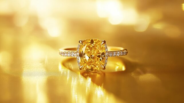 A yellow diamond engagement ring glowing under golden light. - Powered by Adobe