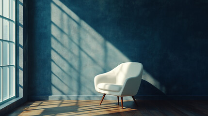 White chair in sunlight. Minimalist chair by textured wall