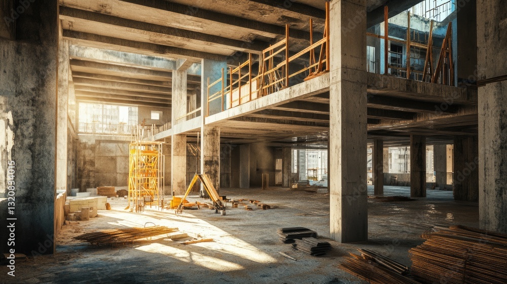 Poster a large unfinished building with a ladder in the middle, suitable for construction or urban explorat