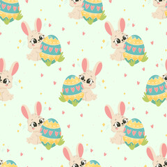 Seamless Easter Bunny Pattern, Cute Rabbits with Painted Eggs on Pastel Background