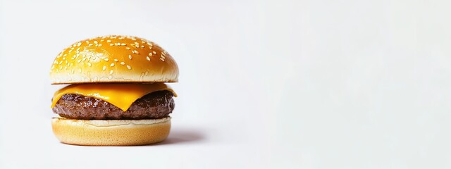 A delicious beef burger, hamburger or cheeseburger with cheese, against an isolated white background. Room for text, copy space, suitable for a header, banner or fast food menu