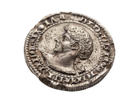 Close-up of an Antique Silver Coin Featuring a King's Profile