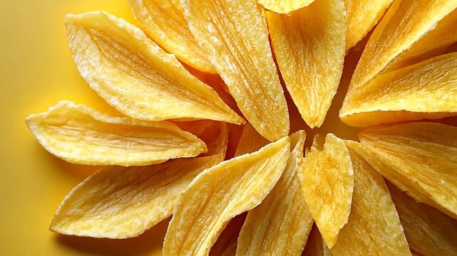 Dried mango slices arranged in a circular pattern on a vibrant yellow background