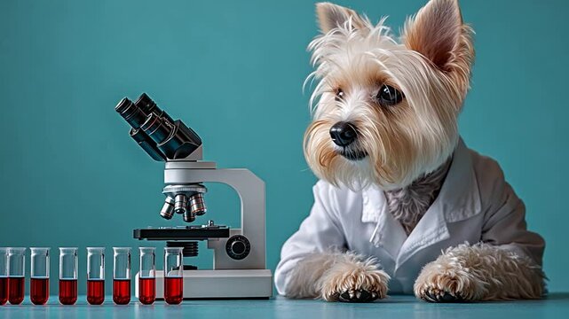 Dog in a lab coat examining test tubes with red liquid beside a microscope