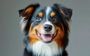 Fototapeta premium Smiling Australian Shepherd Dog Close-up Portrait with Beautiful Fur