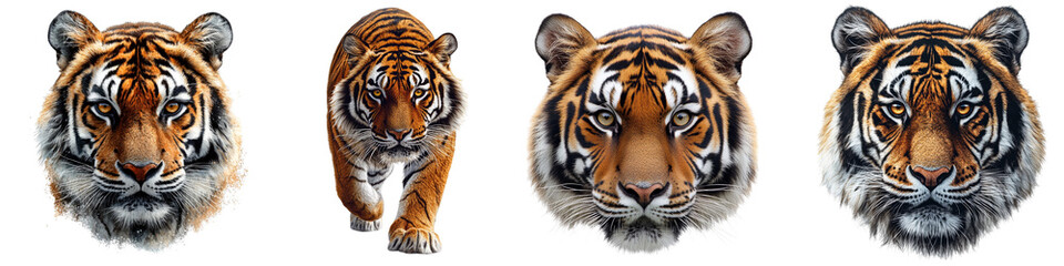 Fototapeta premium Four majestic tigers displaying fierce expressions on transparent background