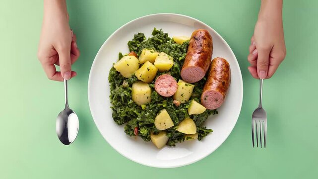 Thick braised cabbage keil in rich dark green color with smoked sausage Pinkel - looped 4к video