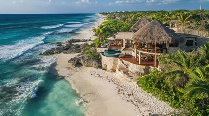 Fototapeta premium Secluded tropical resort featuring luxury villas with thatched roofs and pools