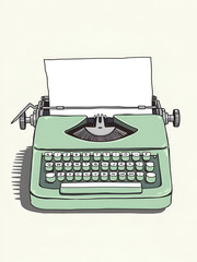 Mint green vintage  typewriter portable retro with paper  hand drawn vector art illustration