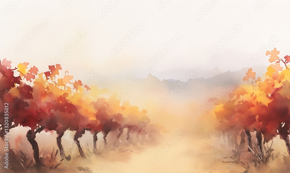 Poster a misty vineyard path lined with autumn-colored grapevines.