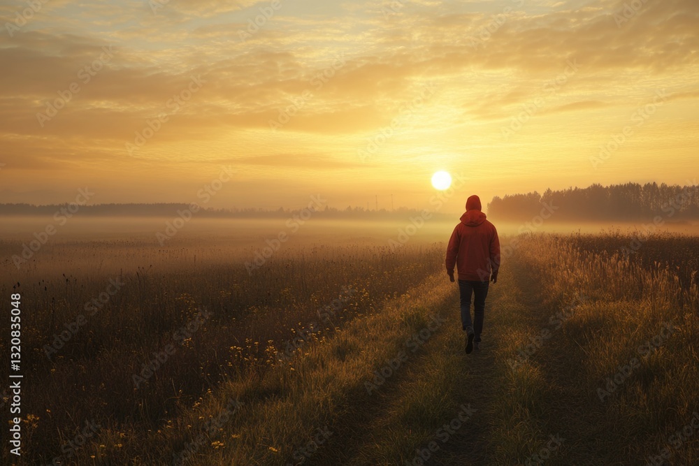 Poster a person walking down a path in a field as the sun sets, with long shadows and warm light