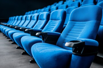 Fototapeta premium Rows of vibrant blue cinema seats in a modern theater setting