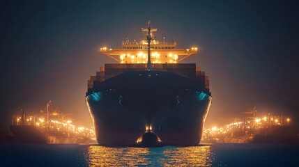 Fototapeta premium The outline of a giant cargo ship in the dark, surrounded by the glowing lights of a busy nighttime port.