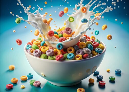 Colorful Cereal Bowl with Milk Splash - Delicious Breakfast Stock Photo