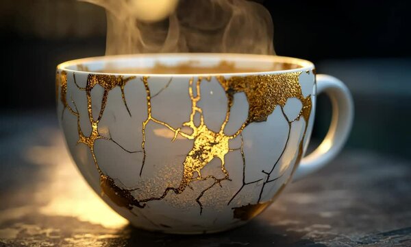 Steaming cup Detail: Kintsugi Art and Hot Drink